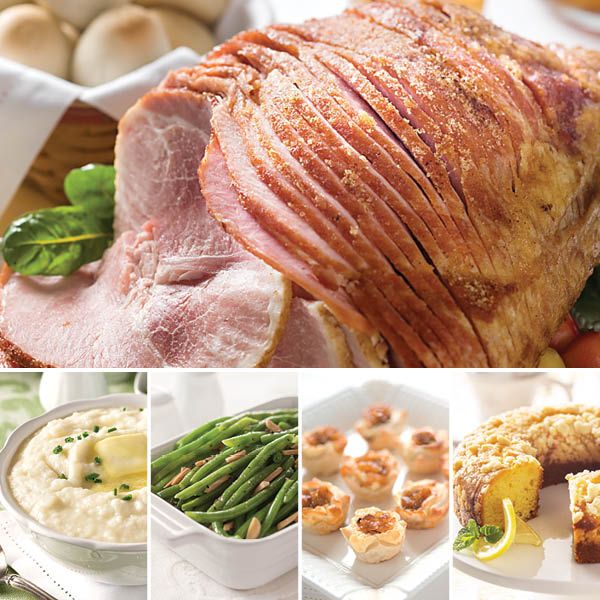 Easter Ham Feast featuring Artisan Spiral Sliced Ham (top), Crème Fraîche Mashed Potatoes (bottom left), Green Bean Almondine (bottom middle left), Caramelized Onion & Feta Pastry Blossoms (bottom middle right), and Lemon Crunch Cake (bottom right).