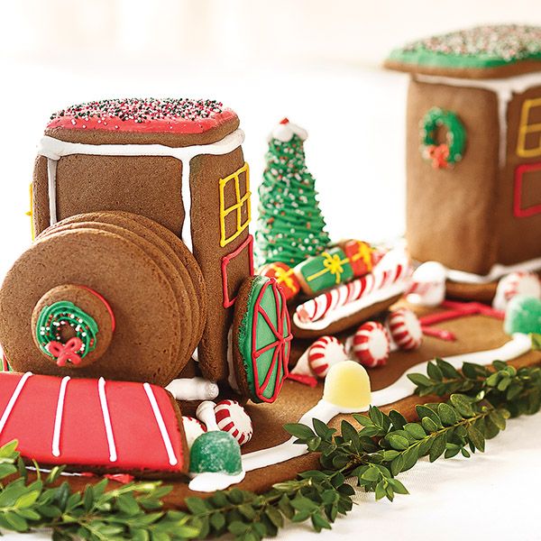 Holiday gingerbread cookie train with icing and candy decorations