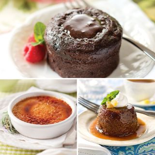 Shop now Decadent Dessert Sampler, featuring Molten Chocolate Cakes (top), Creme Brulee (bottom left), and Sticky Toffee Pudding (bottom right) Photo