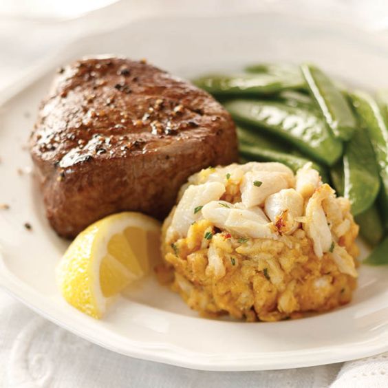 Shop now Bay Style Surf and Turf Entree Sampler, featuring Filet Mignon and Perfect Crab Cakes. Photo