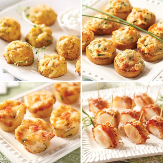 Shop now Seafood Lovers Appetizer Sampler, featuring Mini Crab Cakes, Lobster Crostini, Lobster Mac &amp; Cheese Bites, and Bacon Wrapped Scallops (top left to bottom right) Photo